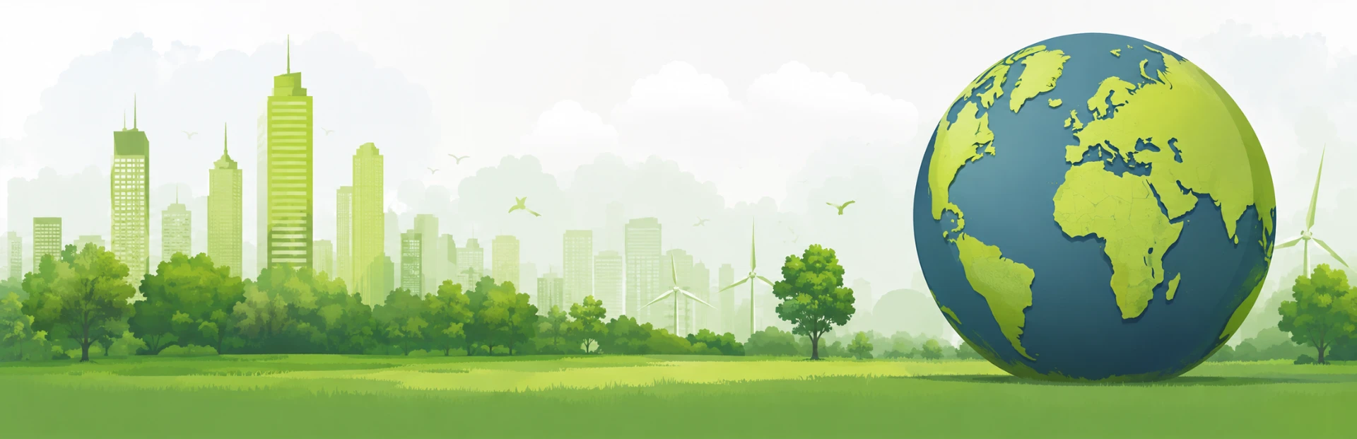 Illustration of a green city skyline, wind turbines and the earth representing sustainable industry