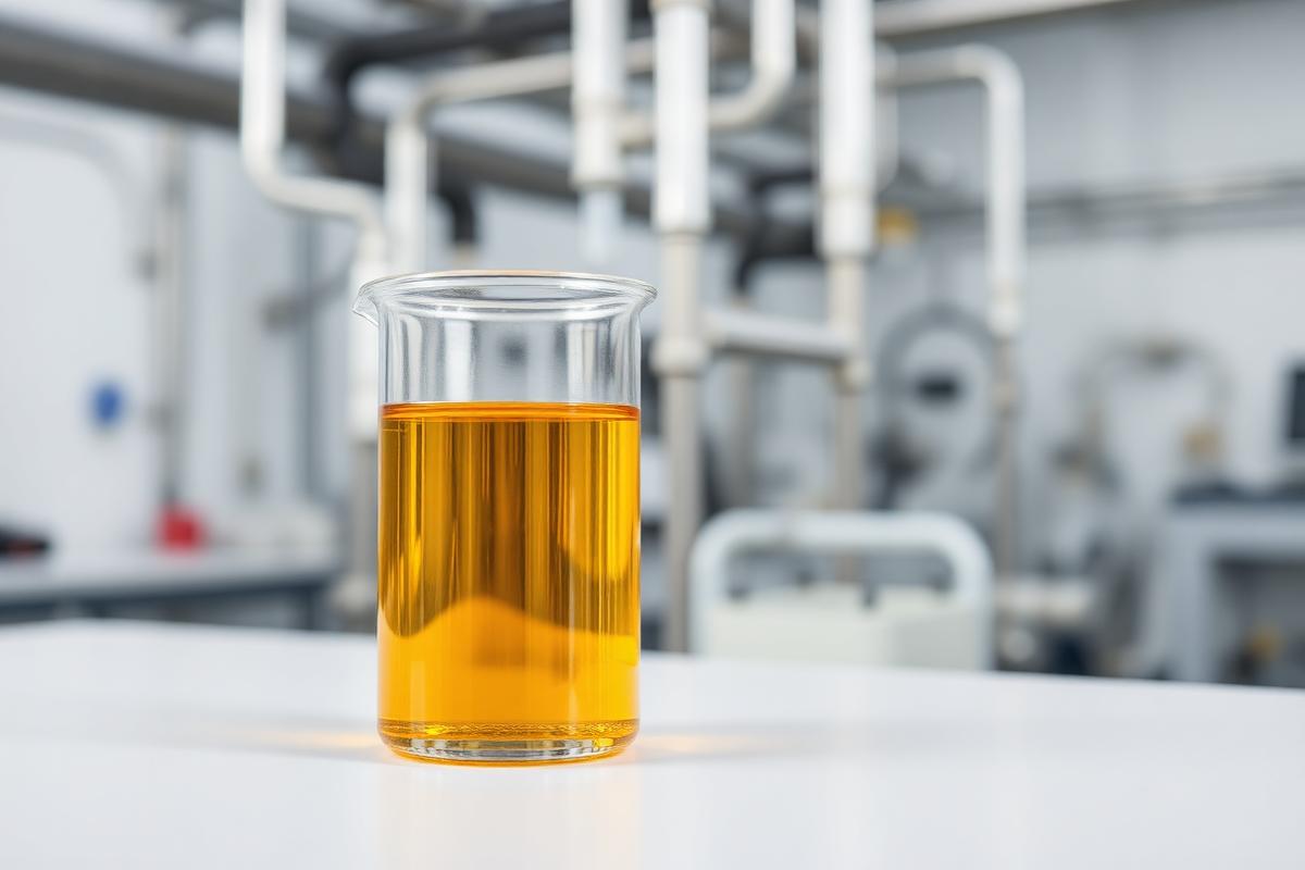 Amber pyrolysis fuel oil sample in a laboratory beaker beside clean process pipework