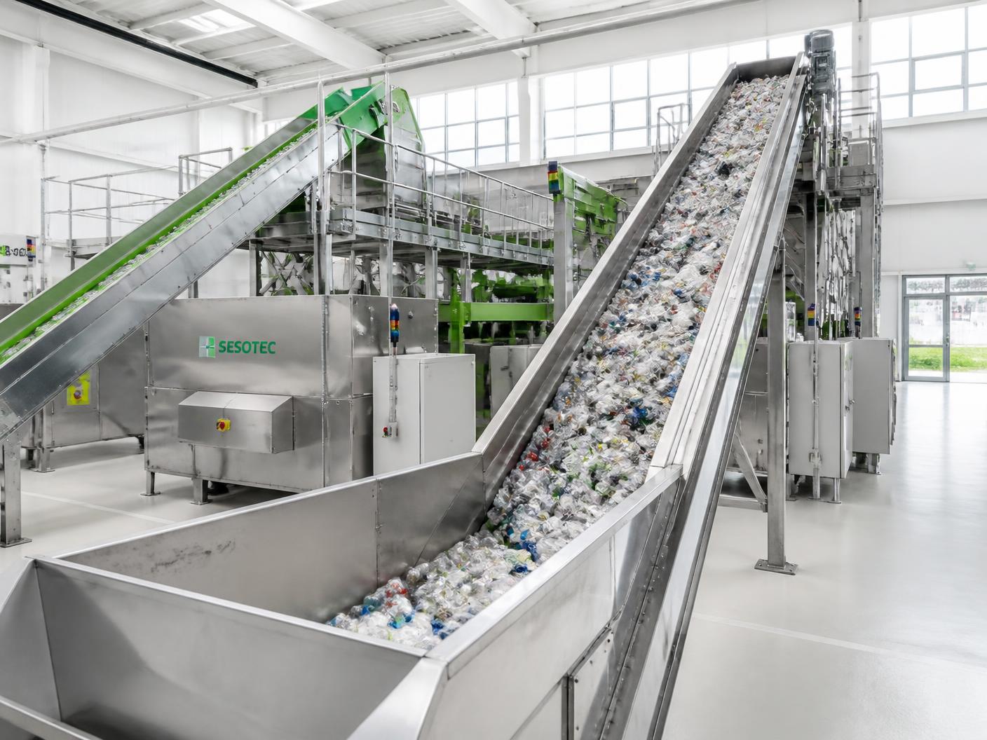 Bright modern material recovery facility with conveyors carrying baled post-consumer plastic