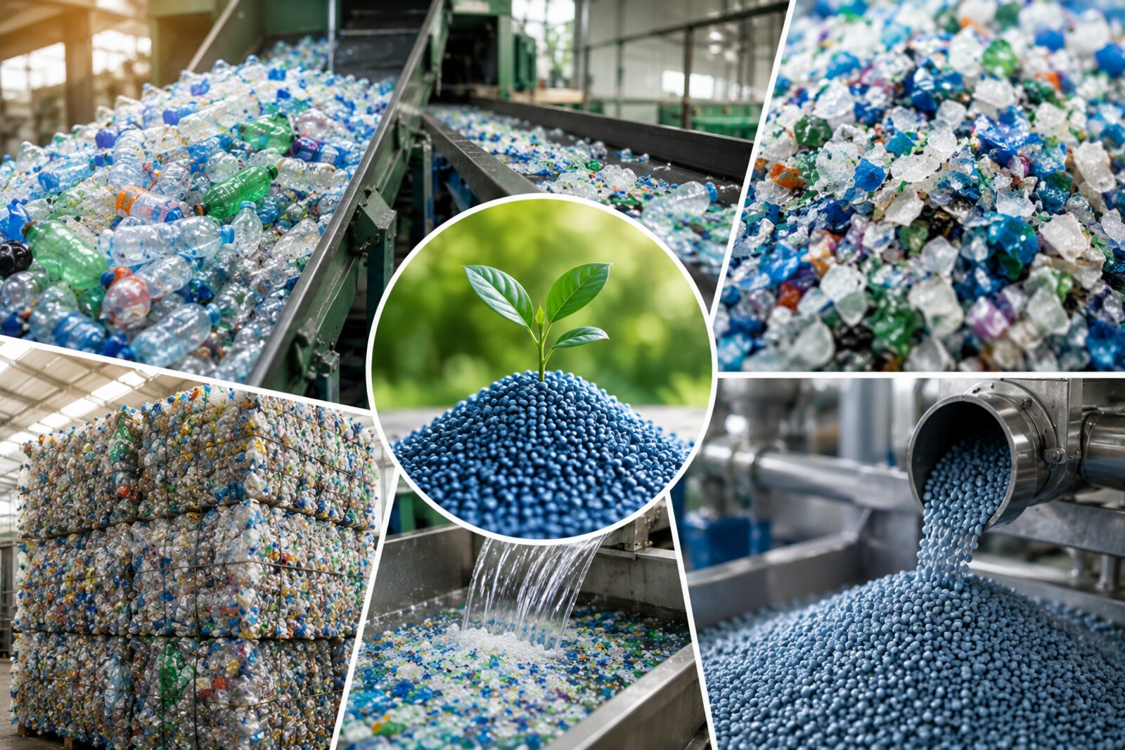 Post-consumer plastic bottles, washed flake and recycled polymer pellets moving through an advanced plastic recycling facility